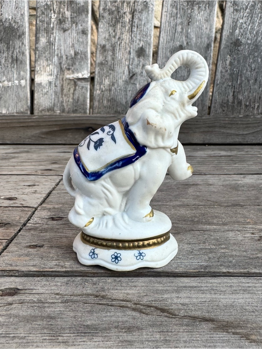 Vintage Blue & White Porcelain "Good Luck" Elephant Figurine